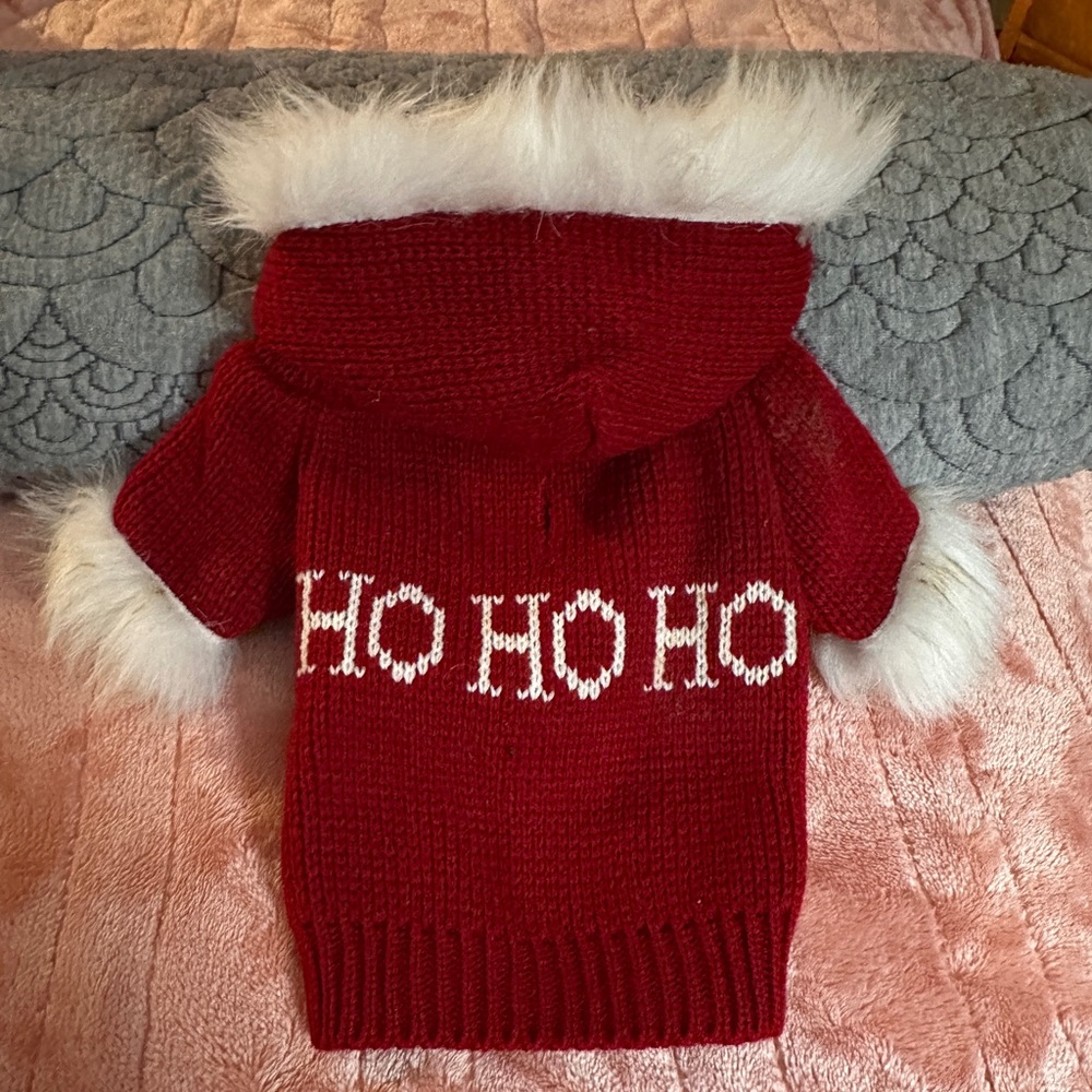 Red Holiday Dog Hoodie w/ Faux Fur Trim & “Ho Ho Ho” — Size S